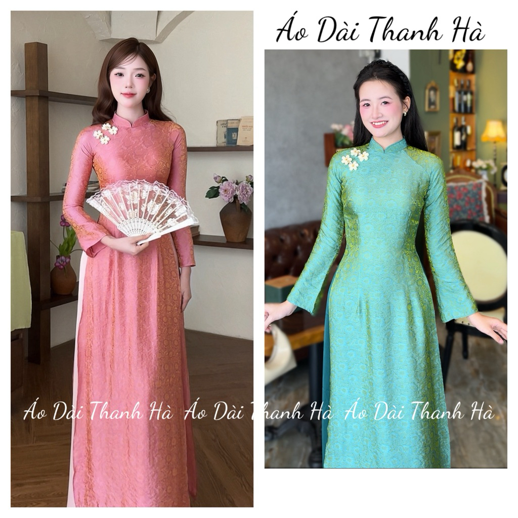 Áo Dài Truyền Thống Lụa Tằm Óng Hoa Trà Đính Khuy, Tay Loe Cách Điệu, Form Ôm - Áo Dài Thanh Hà