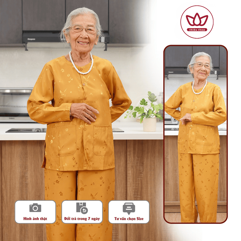 Đồ Bộ Trung Niên, Đồ Bộ Mặc Ở Nhà Cho Bà Và Mẹ, Gấm Tay Dài Cúc Áo Cổ Tròn Chắc Chắn