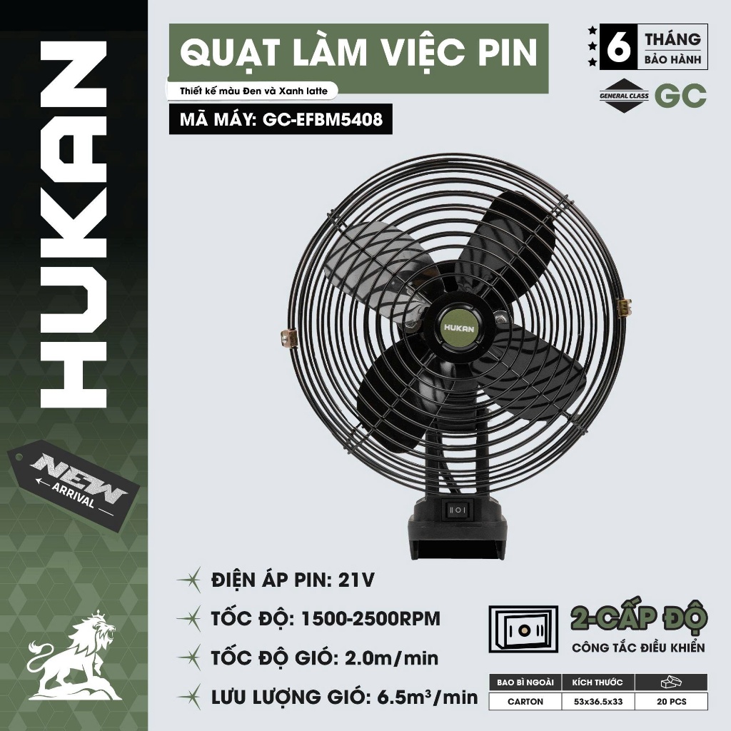 Quạt pin HUKAN GC-EFBM5408, 2 Cấp gió, Lồng quạt và cánh quạt bằng kim loại, Chỉnh lên xuống 90 độ