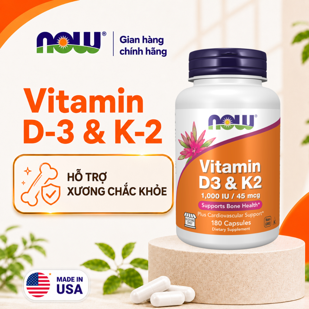 Viên Uống Vitamin D3 K2 NOW – Giúp Xương Chắc Khỏe, Tăng Đề Kháng