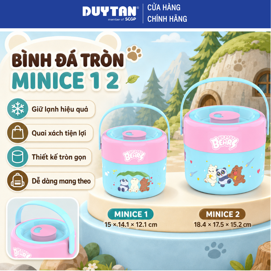 Bình Đá Tròn Minice Duy Tân 1L - 2L, Nhựa PP, PU Cách Nhiệt, Khe Cắm Ống Hút, Quai Xách Tiện Lợi