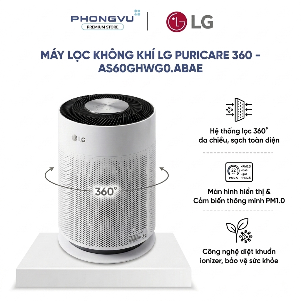 Máy Lọc Không Khí LG PuriCare 360 AS60GHWG0.ABAE Đen - Lọc Bụi Mịn H13, Cảm Biến PM1.0, WiFi - Bảo hàng 12 tháng