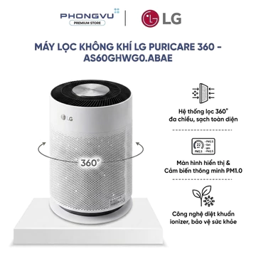 Máy Lọc Không Khí LG PuriCare 360 AS60GHWG0.ABAE Đen - Lọc Bụi Mịn H13, Cảm Biến PM1.0, WiFi - Bảo hàng 12 tháng