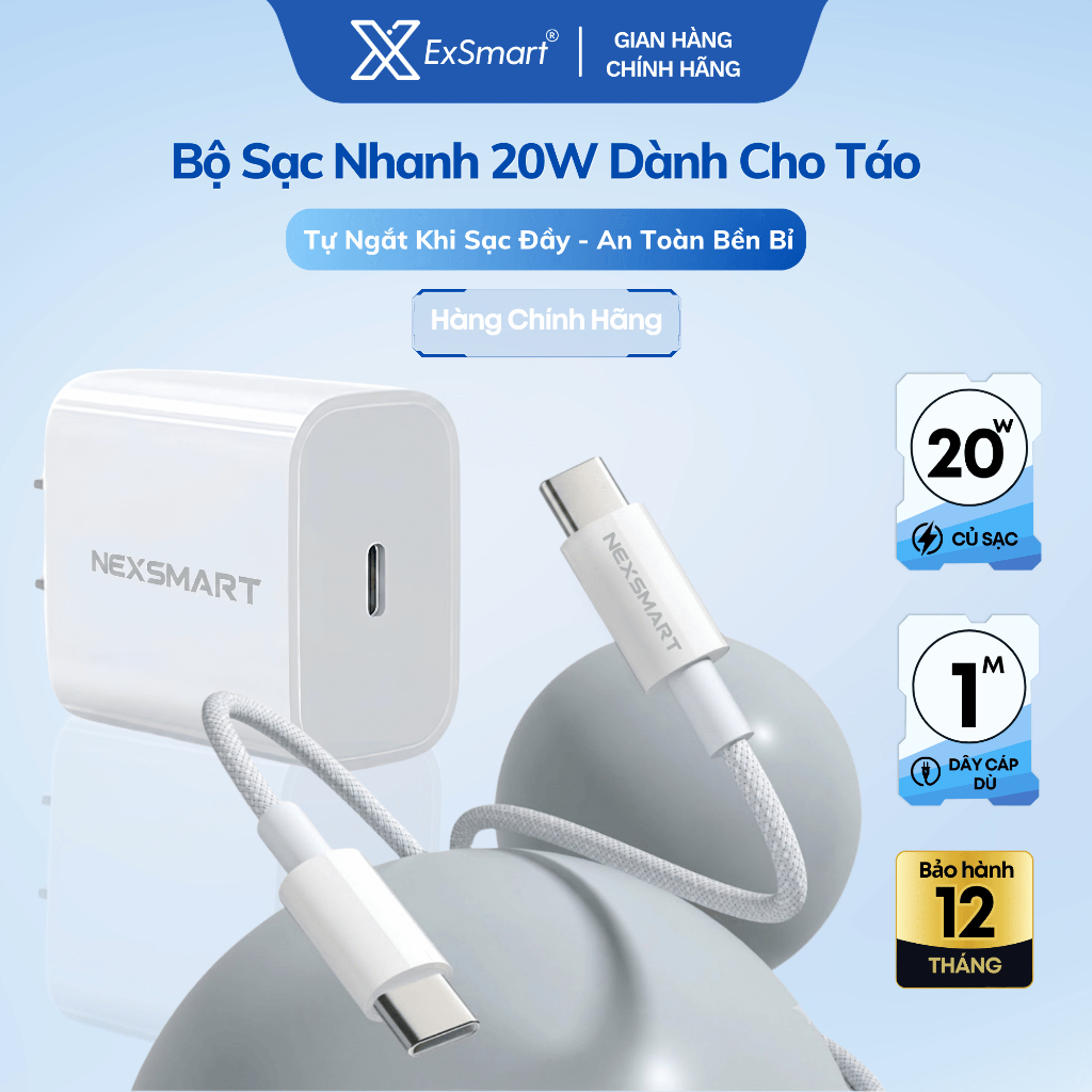Củ Sạc Nhanh 20W Type C Exsmart Kèm Dây Bọc Dù Tự Ngắt Khi Sạc Đầy Chống Gãy Gập An Toàn Sạc Qua Đêm BH 12T