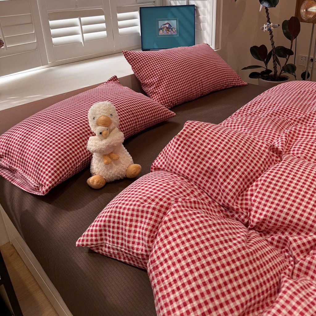 Bộ chăn ga gối cotton đũi gân hoạ tiết kẻ sọc caro hiện đại chất liệu mền mịn thoáng mát