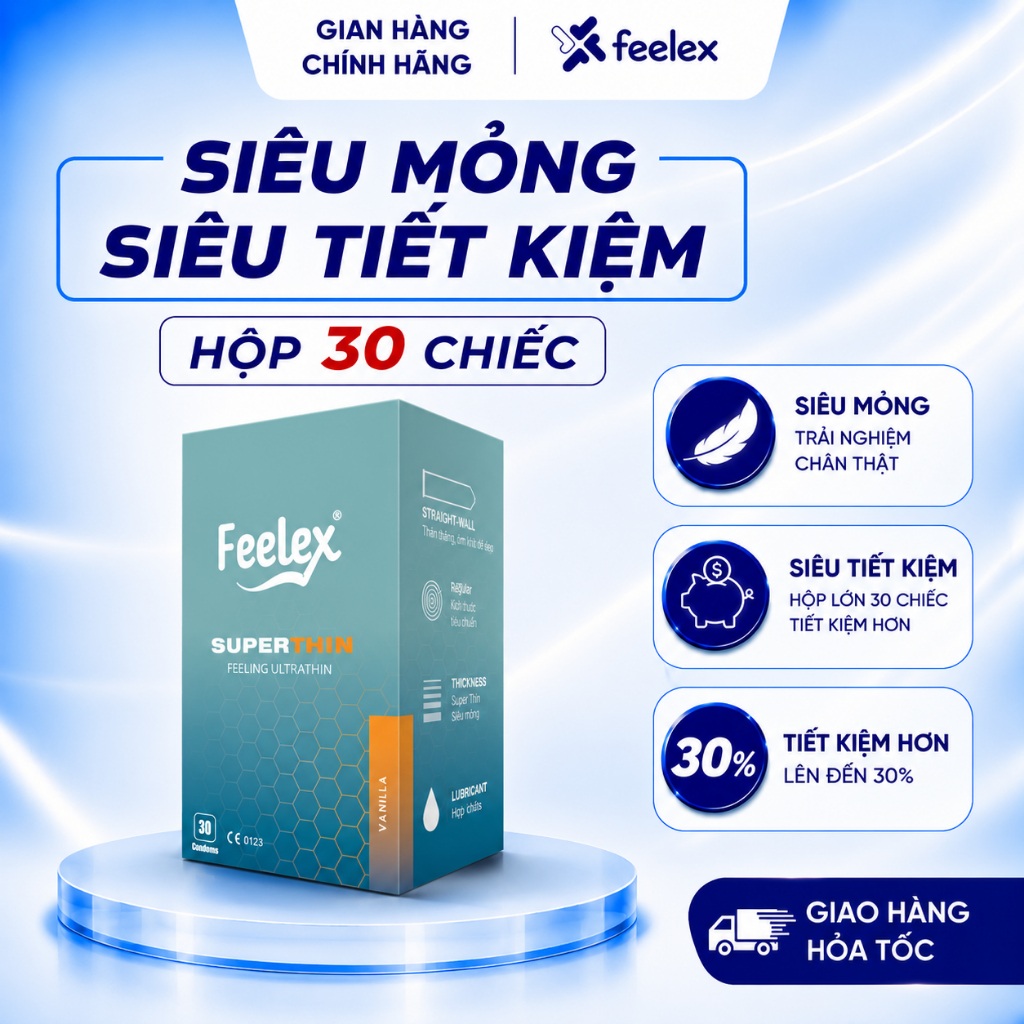 Hộp 30 chiếc Bao cao su siêu mỏng Feelex Superthin ôm sát nhiều gel hương dâu, hương nước hoa, hương vani cao cấp