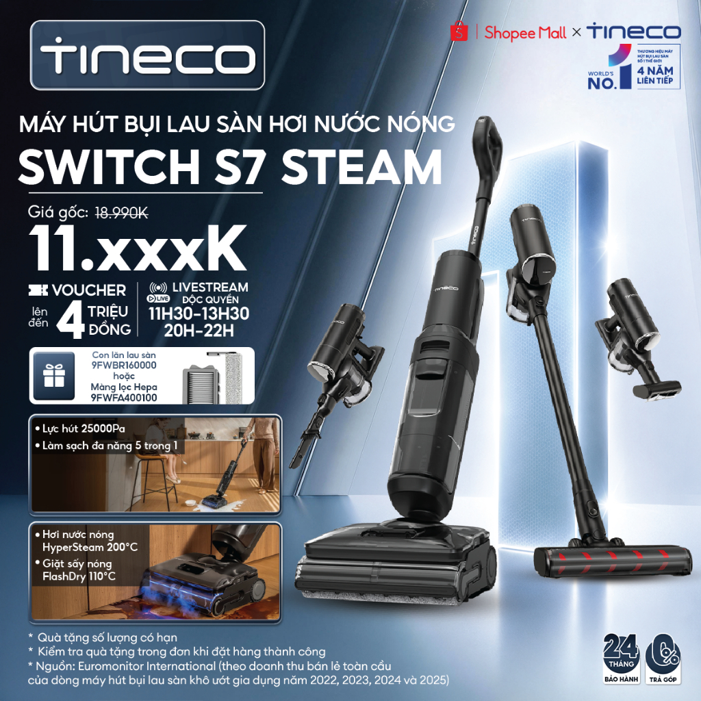 Tineco Floor One Switch S7 Steam (S7 Steam Combo) Máy hút bụi lau sàn hơi nước nóng - 25.000Pa - HyperSteam 200°C