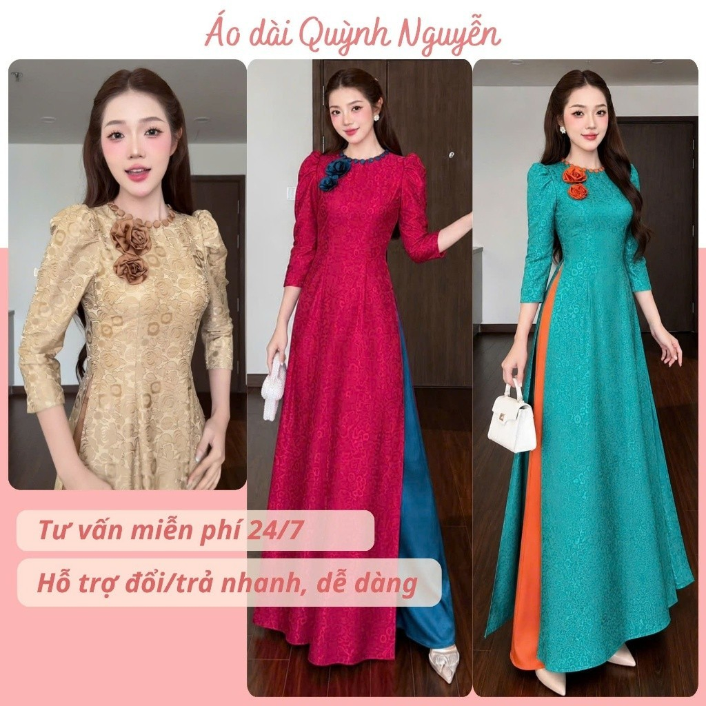 Áo dài gấm Minh Châu cổ tròn phối cúc kết hoa nổi dáng ôm tay bồng ngắn trẻ trung mỏng nhẹ mát không nhắn MÃ TK211 | BigBuy360 - bigbuy360.vn