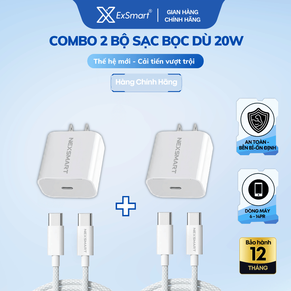 Combo 2 Bộ Sạc Nhanh Type C 20W 30W Exsmart Dây Bọc Dù Tự Ngắt Khi Sạc Đầy Chống Gãy An Toàn Sạc Qua Đêm BH 12T