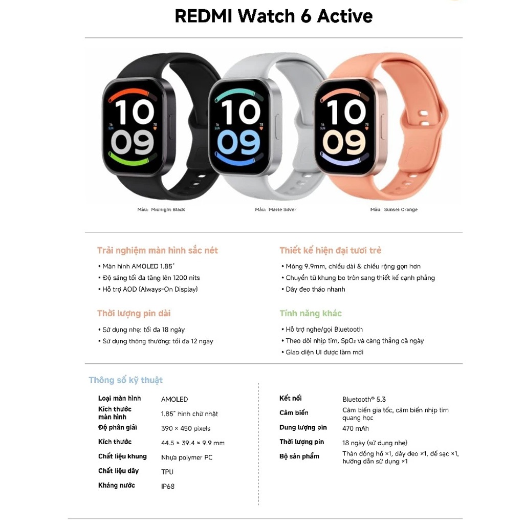 Đồng Hồ Thông Minh Xiaomi Redmi Watch 6 Active | Màn Hình AMOLED 1.85" | Hỗ Trợ Nghe Gọi Bluetooth | BigBuy360 - bigbuy360.vn