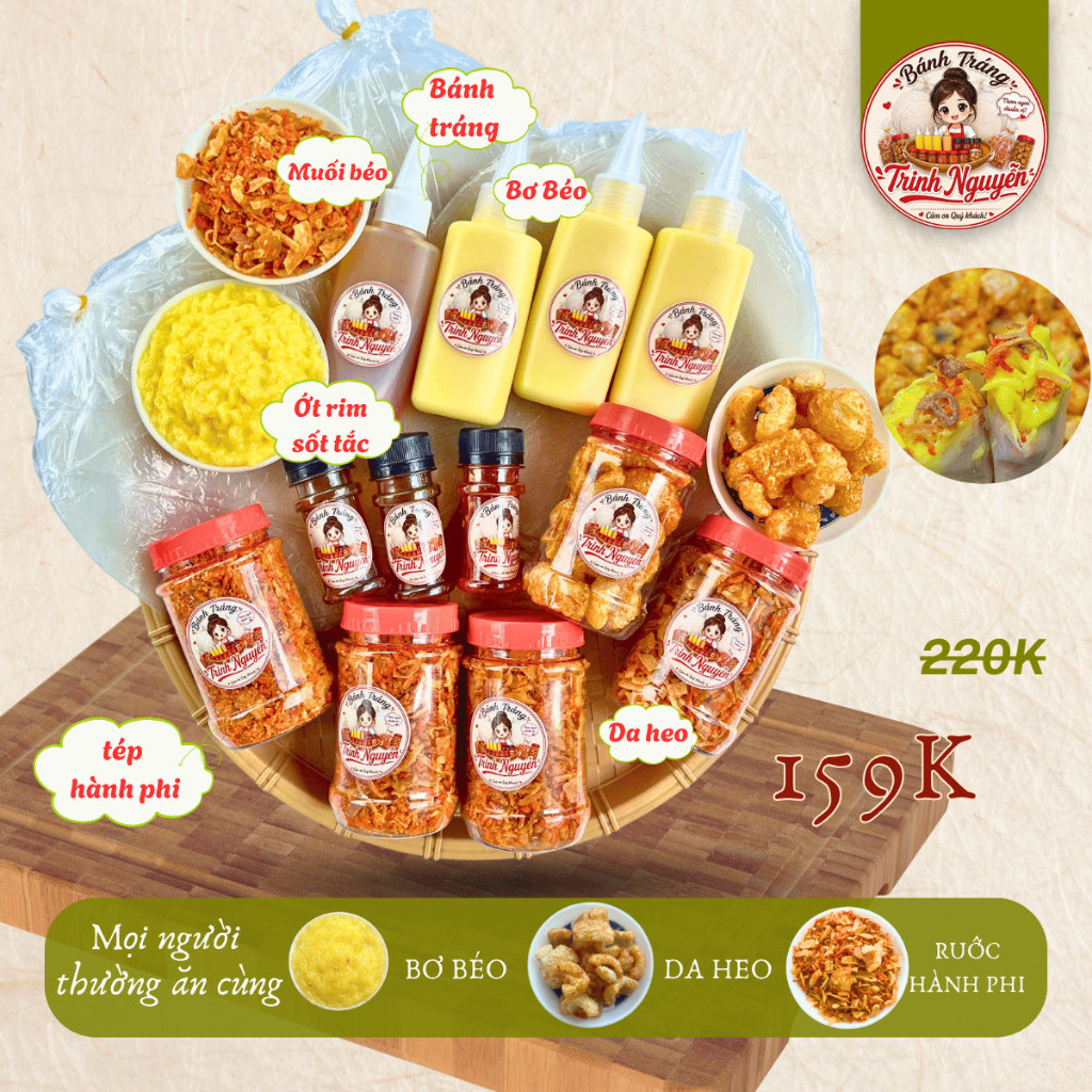 [ COMBO FREESHIP – 15 MÓN ] Bánh Tráng Phơi Sương (Kèm Bơ + 3 Chai Sốt + Hủ Muối Tép Hành Phi + Tóp Mỡ + Muối Béo)
