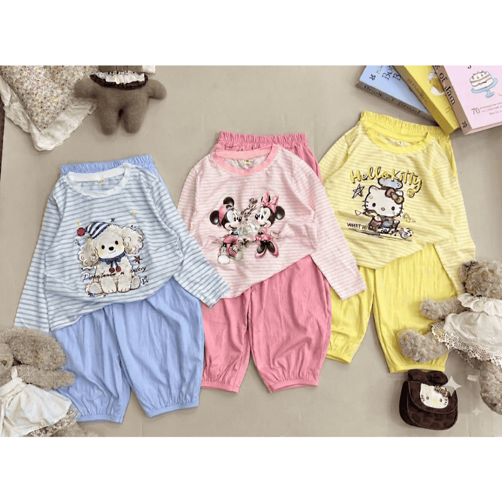 Bộ dài tay bé gái nhân vật hoạt hình, quần gió áo thun, 2 màu XANH HỒNG, sz 12-27 kg đồ thu đông cho bé