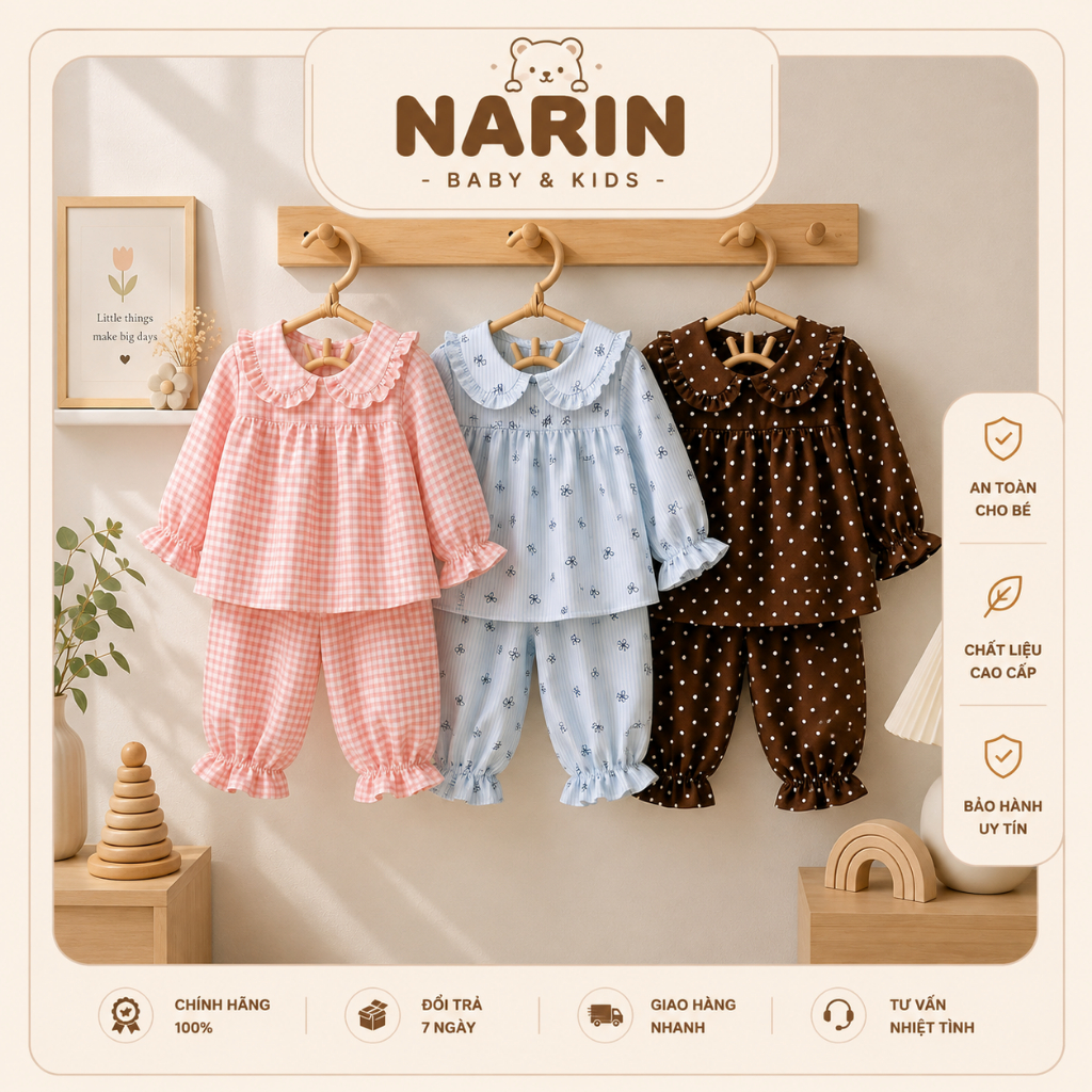 Bộ quần áo pijama cổ bèo - vải đũi mềm mại, thoáng mát giúp bé ngủ ngon giấc hơn size 9M-4Y và 8-17kg.