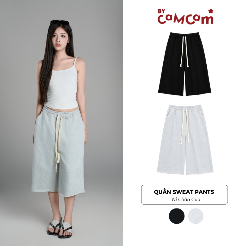 Quần Sweat Pants Baggy Shorts 𝑩𝒚𝒄𝒂𝒎𝒄𝒂𝒎 Quần Nỉ Lửng Layer Có Dây Rút Nam Nữ QEL739