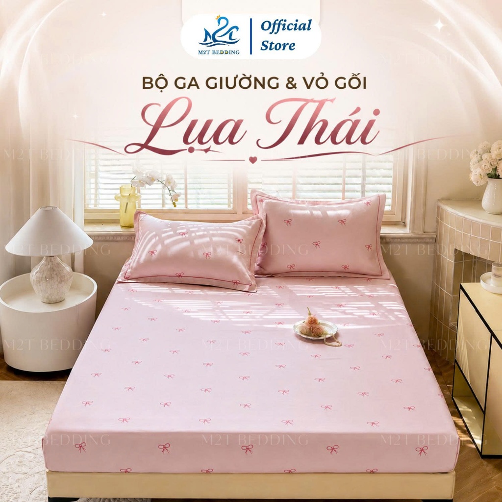 Bộ ga giường và vỏ gối lụa thái M2T BEDDING mềm, mịn, mát gồm 1 ga giường và 2 vỏ gối nằm