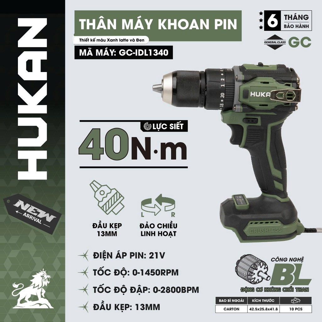 Máy khoan pin HUKAN GC-IDL1340, Không chổi than , Đầu kẹp 13mm, 2 tốc độ, 20 cấp trượt