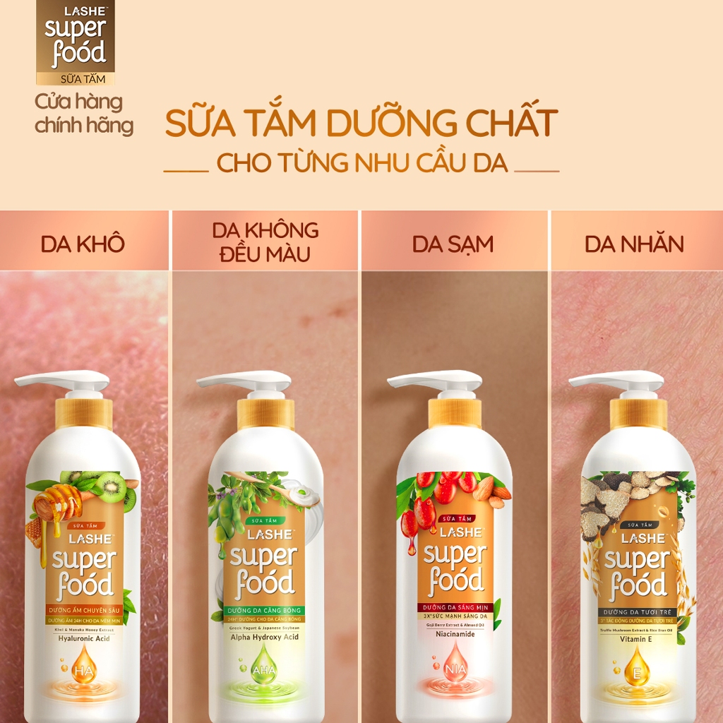 [VOUCHER SINH VIÊN 35%] Sữa Tắm LASHE SUPERFOOD Dưỡng Da Sáng Mịn / Dưỡng Ẩm Chuyên Sâu / Dưỡng Da Tươi Trẻ 610G/ 1.1KG | BigBuy360 - bigbuy360.vn