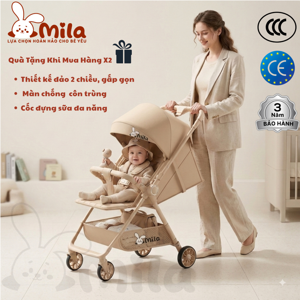 [ Ȟỏa Tốc ] Xe Đẩy Mila X6 2 Chiều Gấp Gọn Tay Đẩy Lót Da, 3 Tư Thế Nằm, Ngả Và Ngồi. Gấp Gọn Dễ Dàng