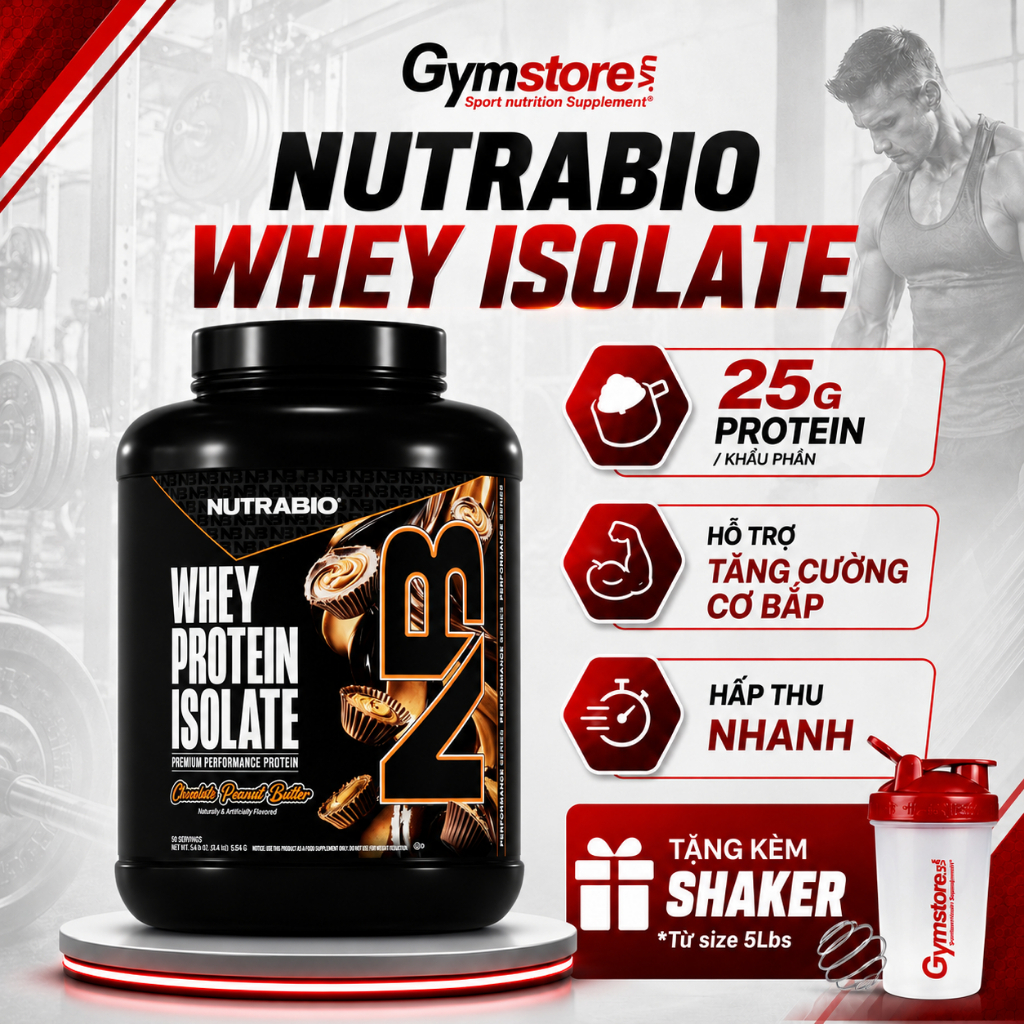Sữa tăng cơ NutraBio Whey Protein Isolate nhập khẩu Mỹ, hỗ trợ tập gym phát triển cơ bắp - Gymstore