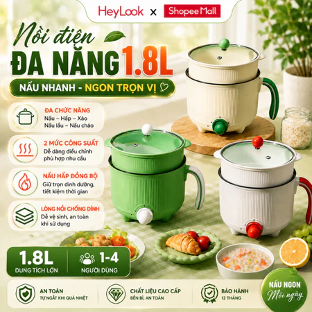 Nồi Điện Đa Năng 1.8L 600W, Nồi Lẩu Mini Chống Dính, Nấu Lẩu Hấp Chiên Luộc Kèm Xửng Hấp Tiện Lợi 2 Mức Nhiệt