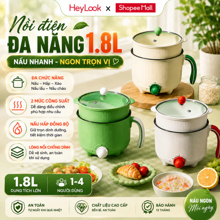 Nồi Điện Đa Năng 1.8L 600W, Nồi Lẩu Mini Chống Dính, Nấu Lẩu Hấp Chiên Luộc Kèm Xửng Hấp Tiện Lợi 2 Mức Nhiệt