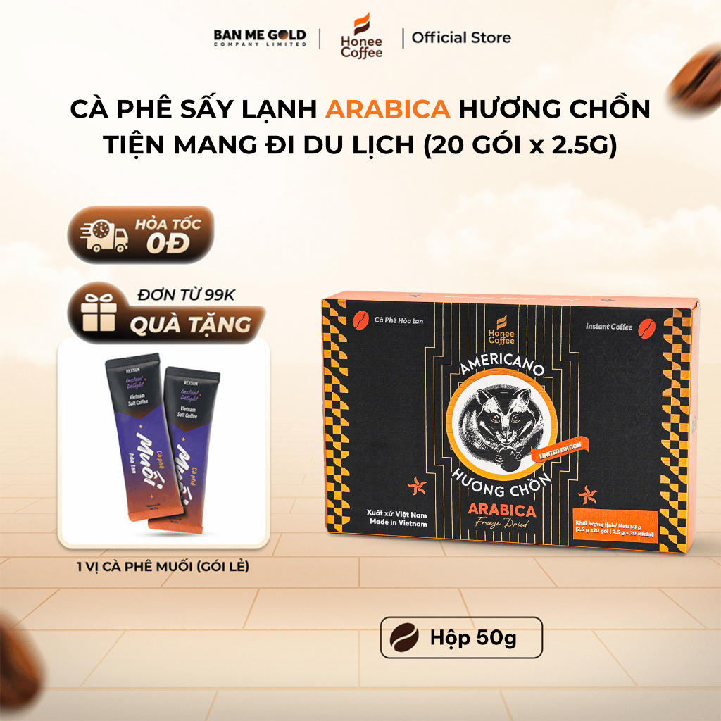 Cà Phê Sấy Lạnh Arabica - Hộp 50g (2.5x20 gói) - Cà Phê Gói Tiện Lợi Đi Cắm Trại - Cà Phê Hòa Tan Dùng Liền Ban Me Gold