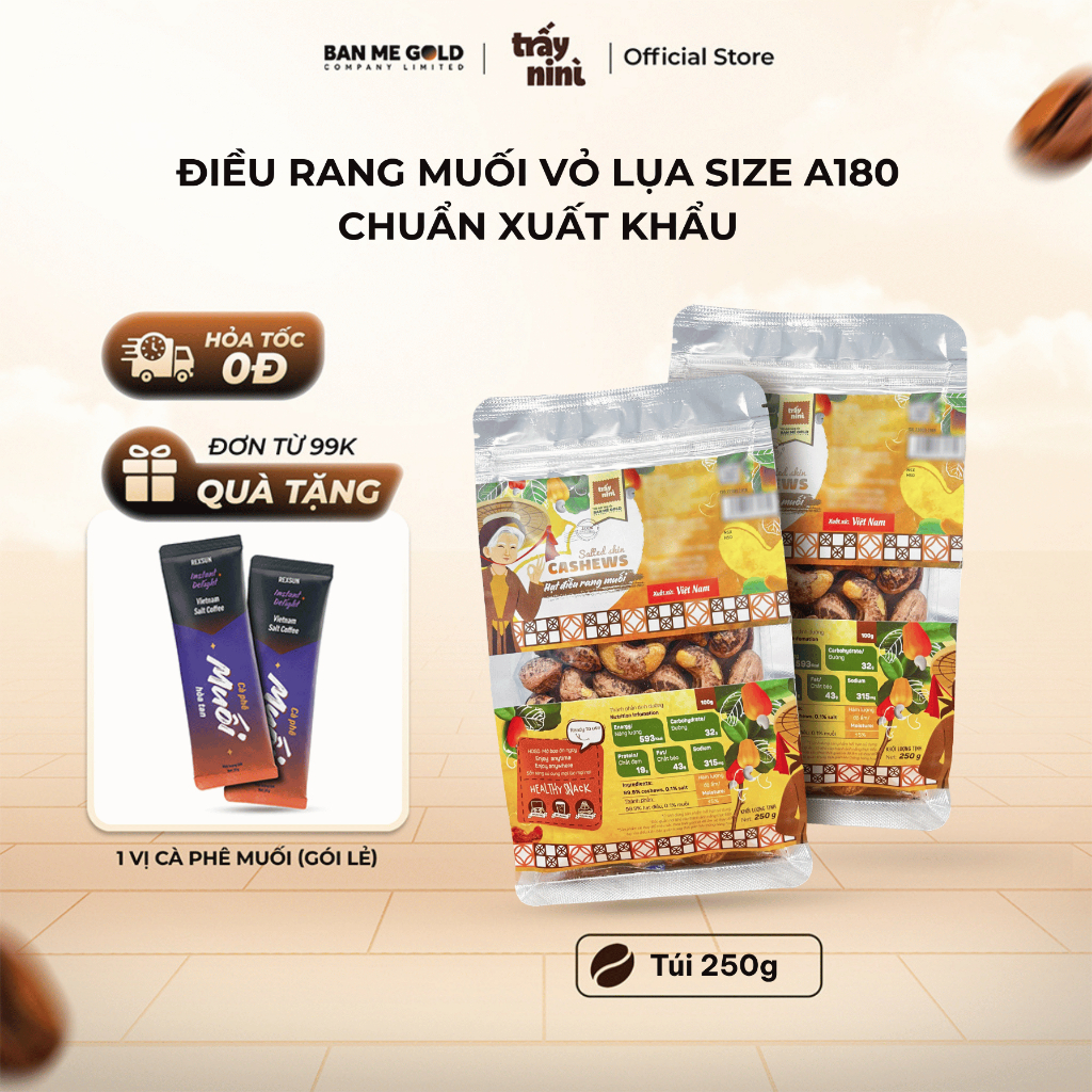 Hạt Điều Rang Muối Vỏ Lụa Size A180 - 100% Hạt Chuẩn Xuất Khẩu, Giàu Dinh Dưỡng Chính Hãng Ban Me Gold