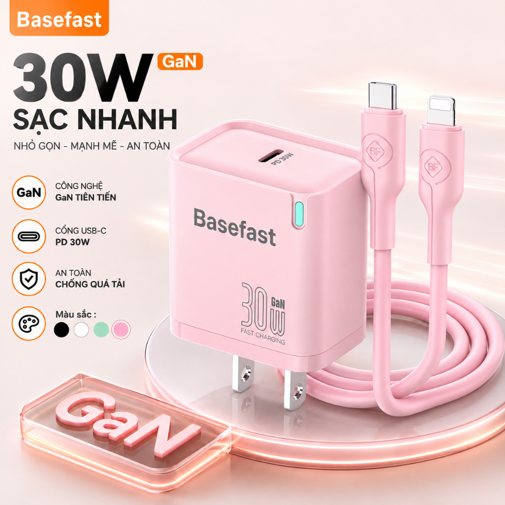 Bộ sạc nhanh 20W 30W Basefast dùng cho Phone 11 12 13 14 Pro max .. củ sạc Gan chống quá tải nhiệt