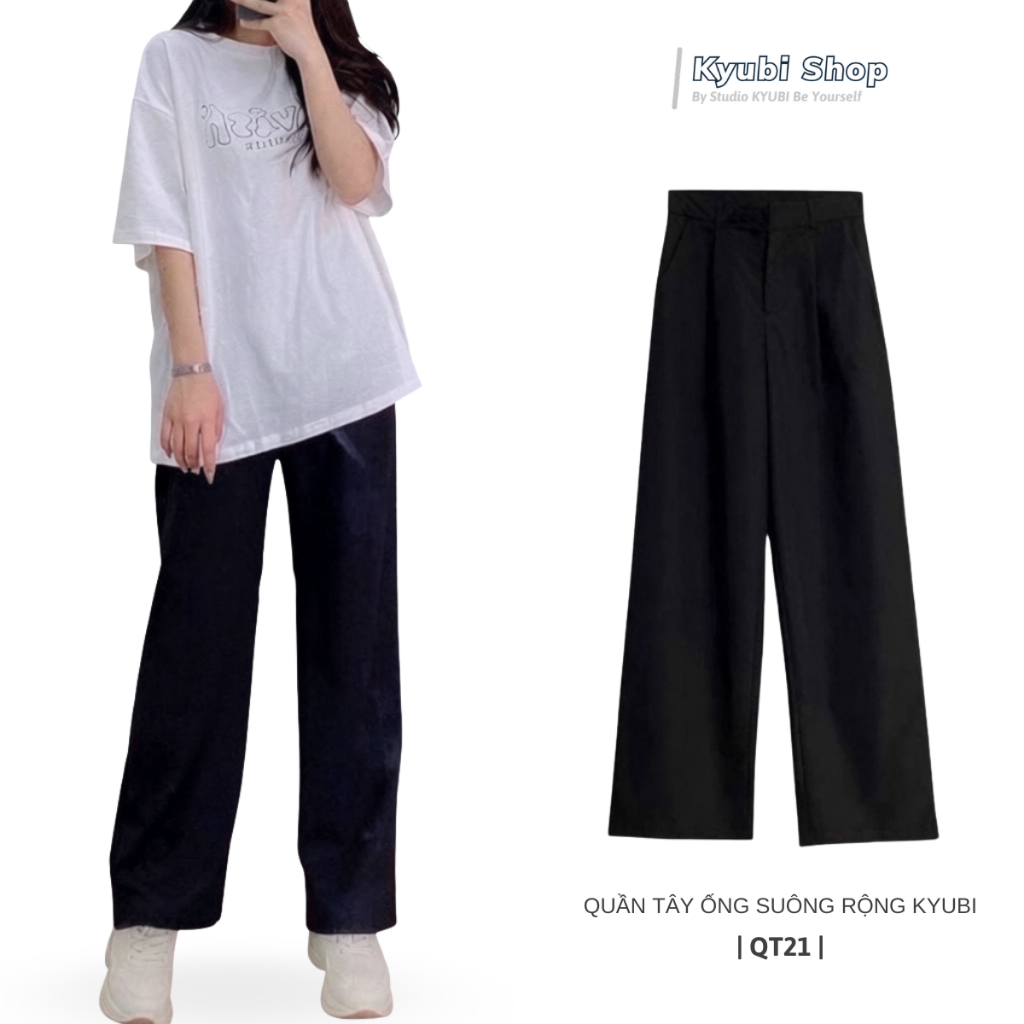 Quần tây đen ống rộng suông dài Hàn Quốc phong cách Ulzzang (Có Bigsize, Size Đại) - Quần Culotte Kyubi QT21