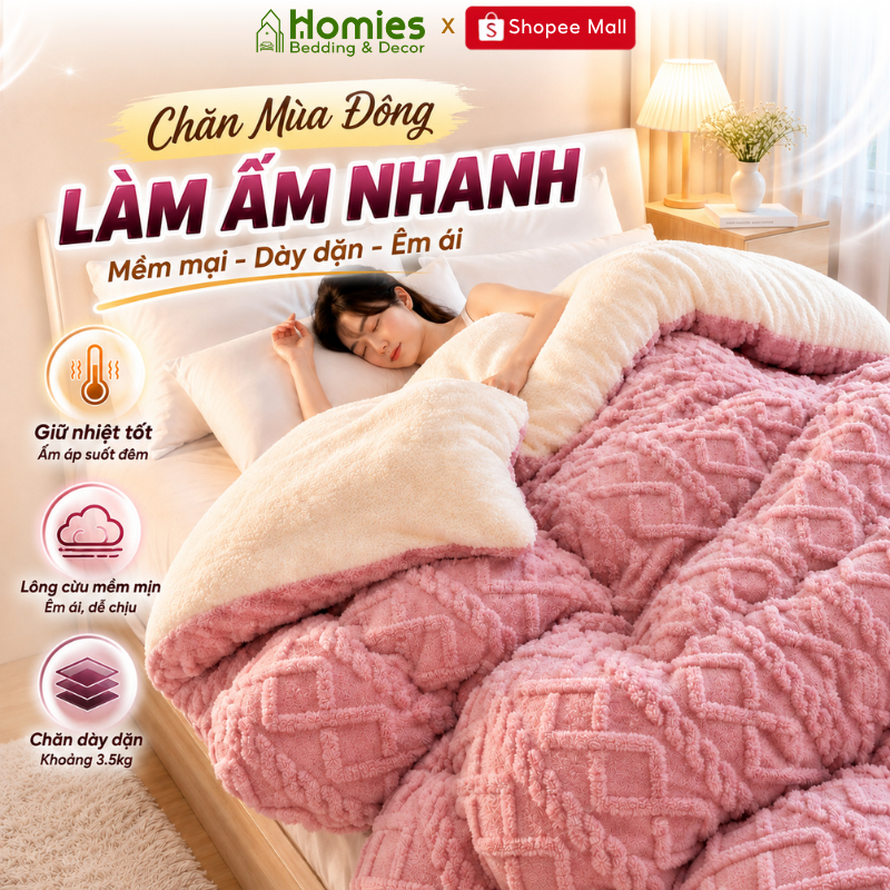 Chăn Lông Cừu Sữa Mùa Đông HOMIES Bedding & Décor Làm Ấm Nhanh, Phiên Bản 3.5kg - Size 2m x 2m3