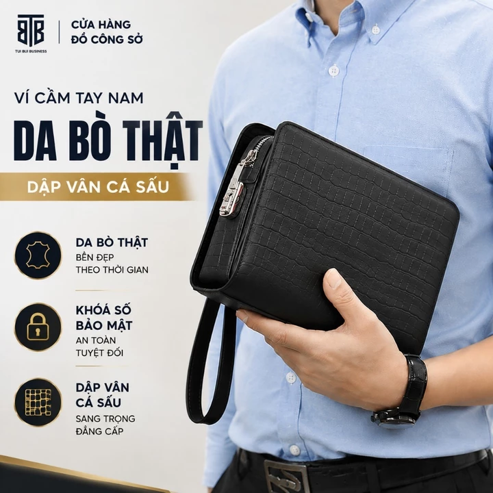 Ví Clutch da bò cầm tay nam số bảo mật TRUE BAG BUSINESS dập vân cá sấu chống nước trầy xước thiết kế sang trọng