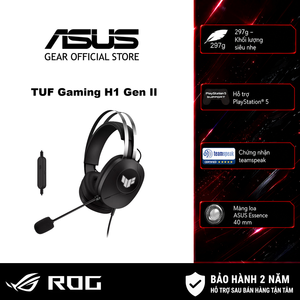 Tai nghe gaming có dây Asus TUF Gaming H1 Gen II, âm thanh vòm ảo 7.1, micrô được chứng nhận TeamSpeak