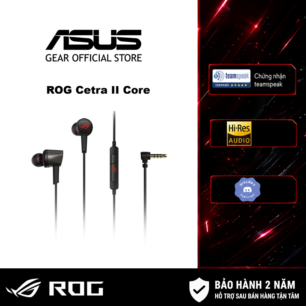 Tai nghe chơi game có dây in-ear ASUS ROG Cetra II Core kết nối 3.5 mm driver bằng silicone (LSR) và tương thích với PC