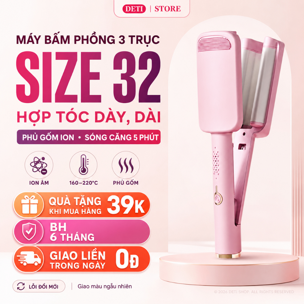 Máy Uốn Tóc Xoăn Sóng Nước Hippie 32 Thiết Kế 3 Trục Gốm Sứ Ceramic Cao Cấp, Máy Làm Xoăn Sóng Nước Chỉnh Nhiệt Tạo Kiểu
