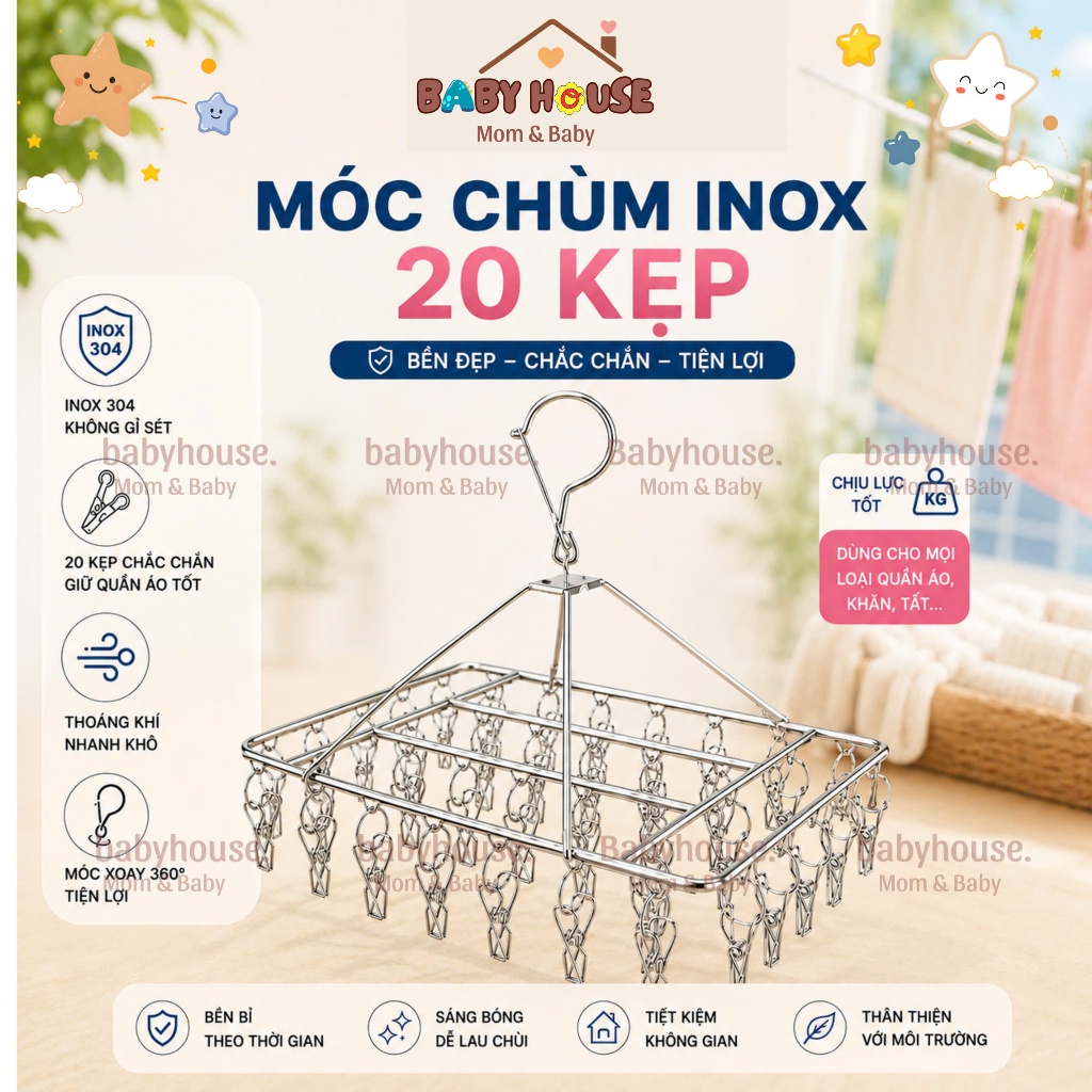 Móc Chùm Inox 20 Kẹp Baby House - Móc Phơi Tất, Đồ Lót, Quần Áo Trẻ Em Cao Cấp, Chống Gỉ, Xoay 360 Độ
