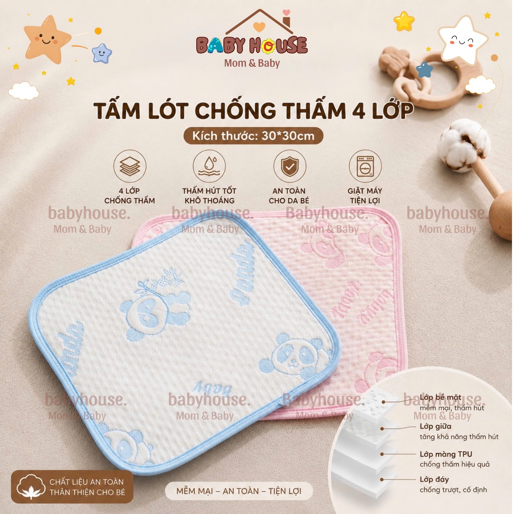 Set 10 Tấm Lót Chống Thấm Cho Bé Baby House - Chất Liệu 100% Cotton Mềm Mại, Thoáng Khí, Họa Tiết Siêu Cưng
