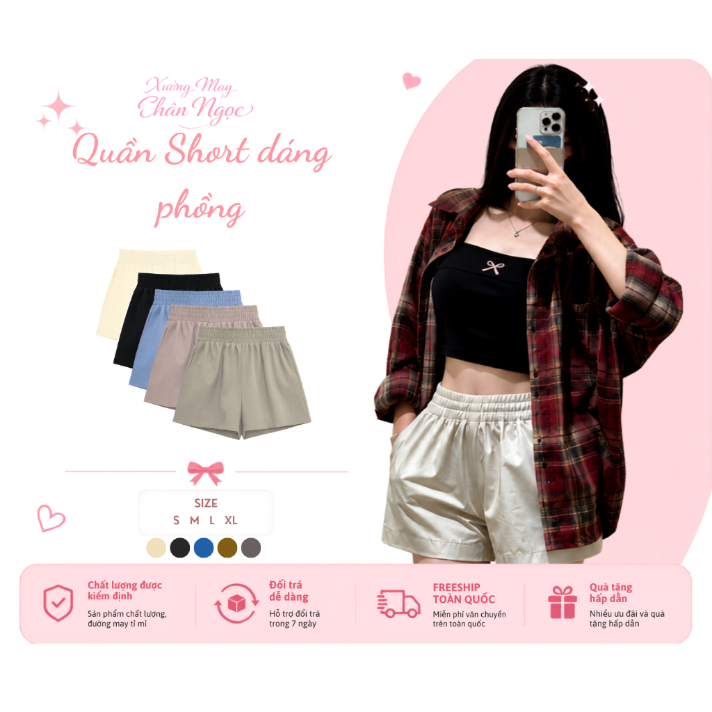Quần Short Đùi Nữ Phồng Ống Rộng Cạp Chun Cao Màu Xanh Than Vải Kaki Cotton Thoáng Mát-QS01