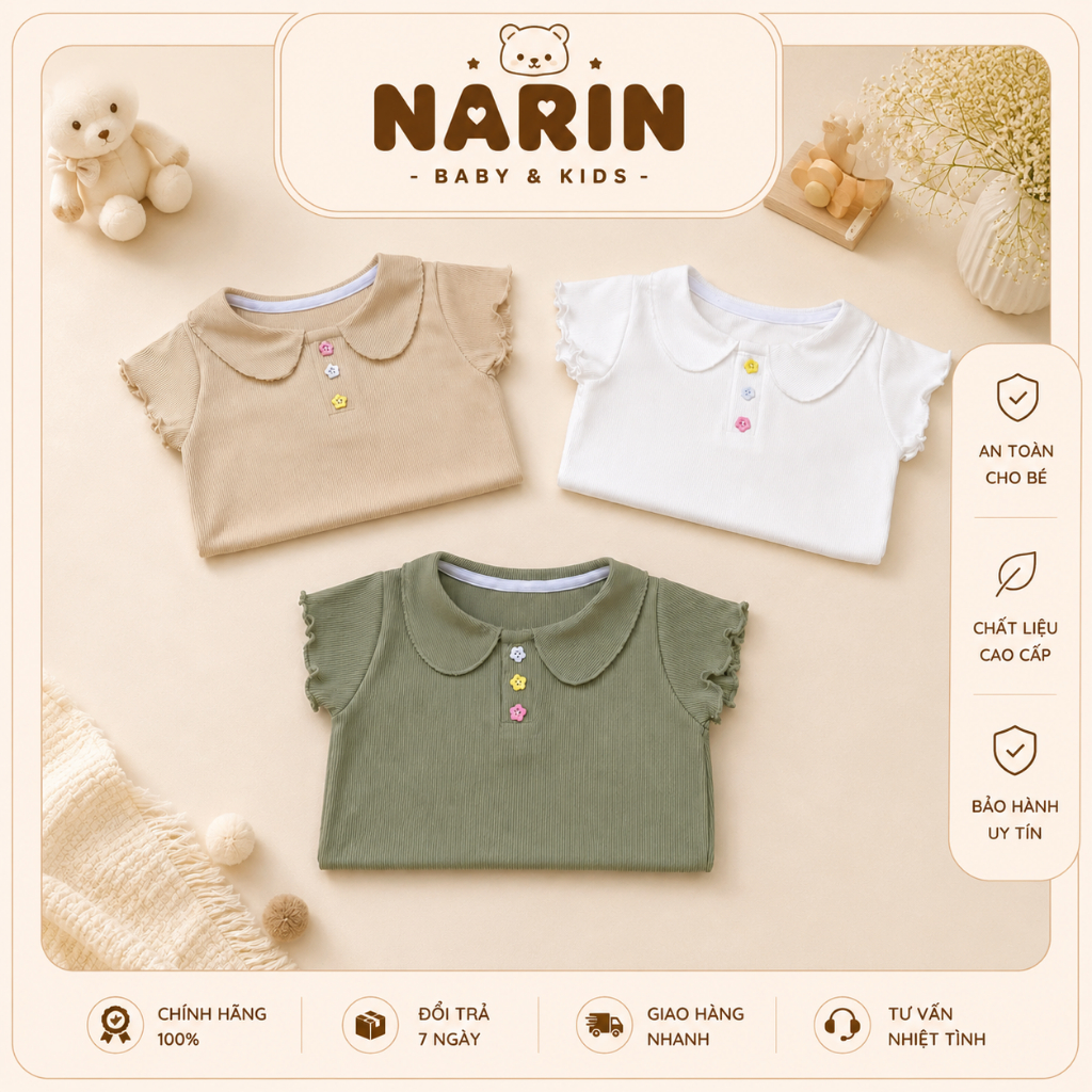 Áo cổ sen thun tăm cho bé gái Narin - Áo kiểu tay bèo cúc hoa xinh xắn cho bé đi học, đi chơi Size 9M-4Y và 8-17kg