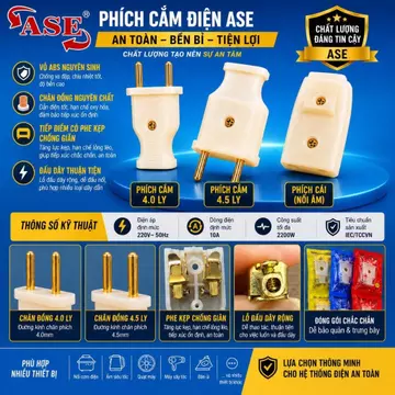 Phích Cắm Điện ASE | Phích Cắm Đực 4 Ly - 4.5 Ly | Phích Cắm Cái (Nối Âm) | Đầu Cắm Điện 220V