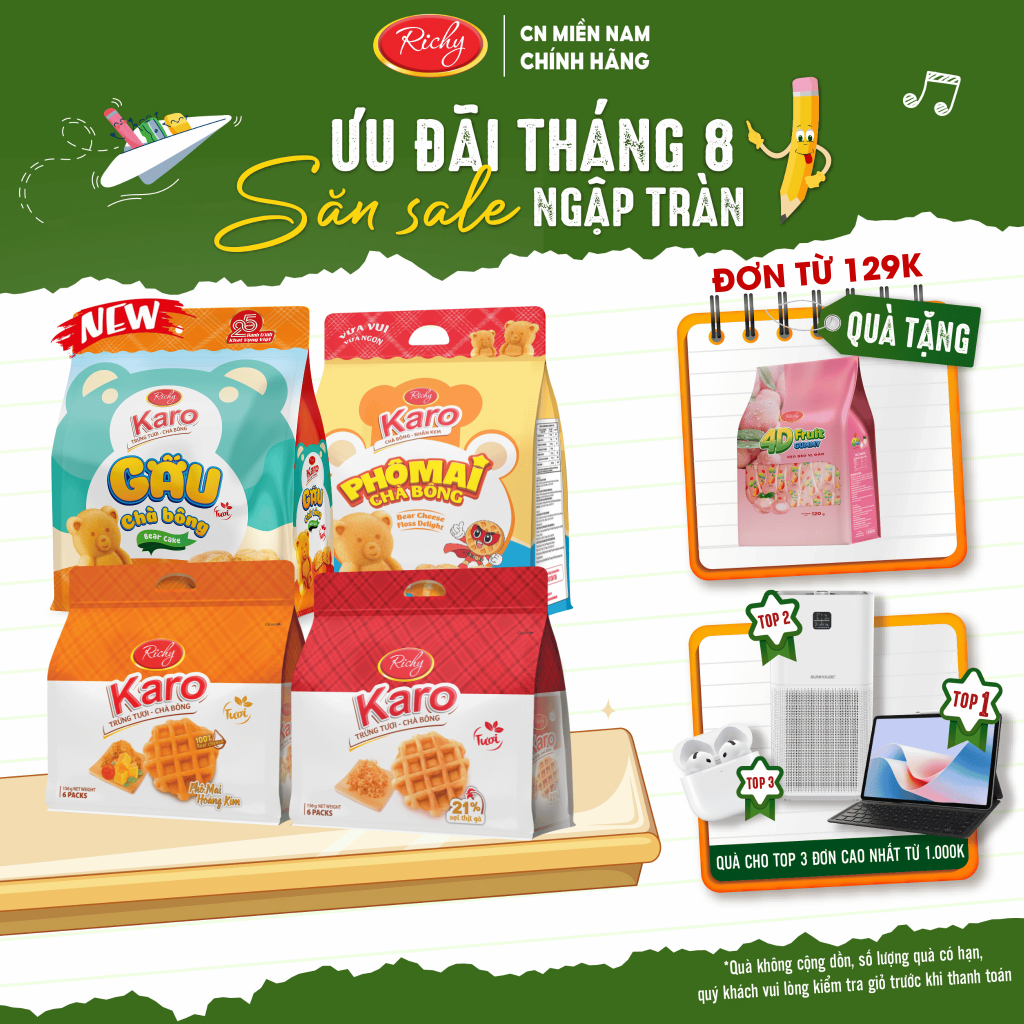 [TẶNG QUÀ ĐƠN TỪ 129K]  Combo 4 bịch bánh Karo chà bông sợi gà, Karo chà bông hoàng kim, HSD 45 ngày back to school