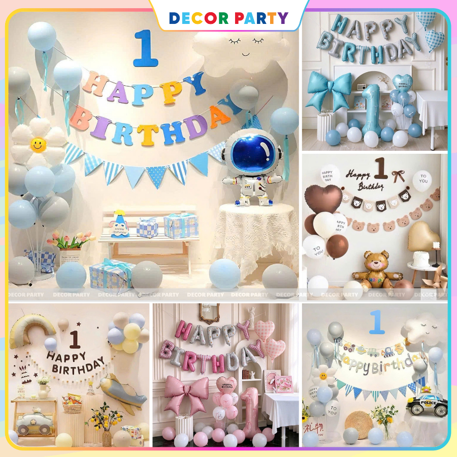 ( Tặng Số Tuổi ) Set Trang Trí Sinh Nhật Bé Trai Bé Gái, Bong Bóng Bay Happy Birthday