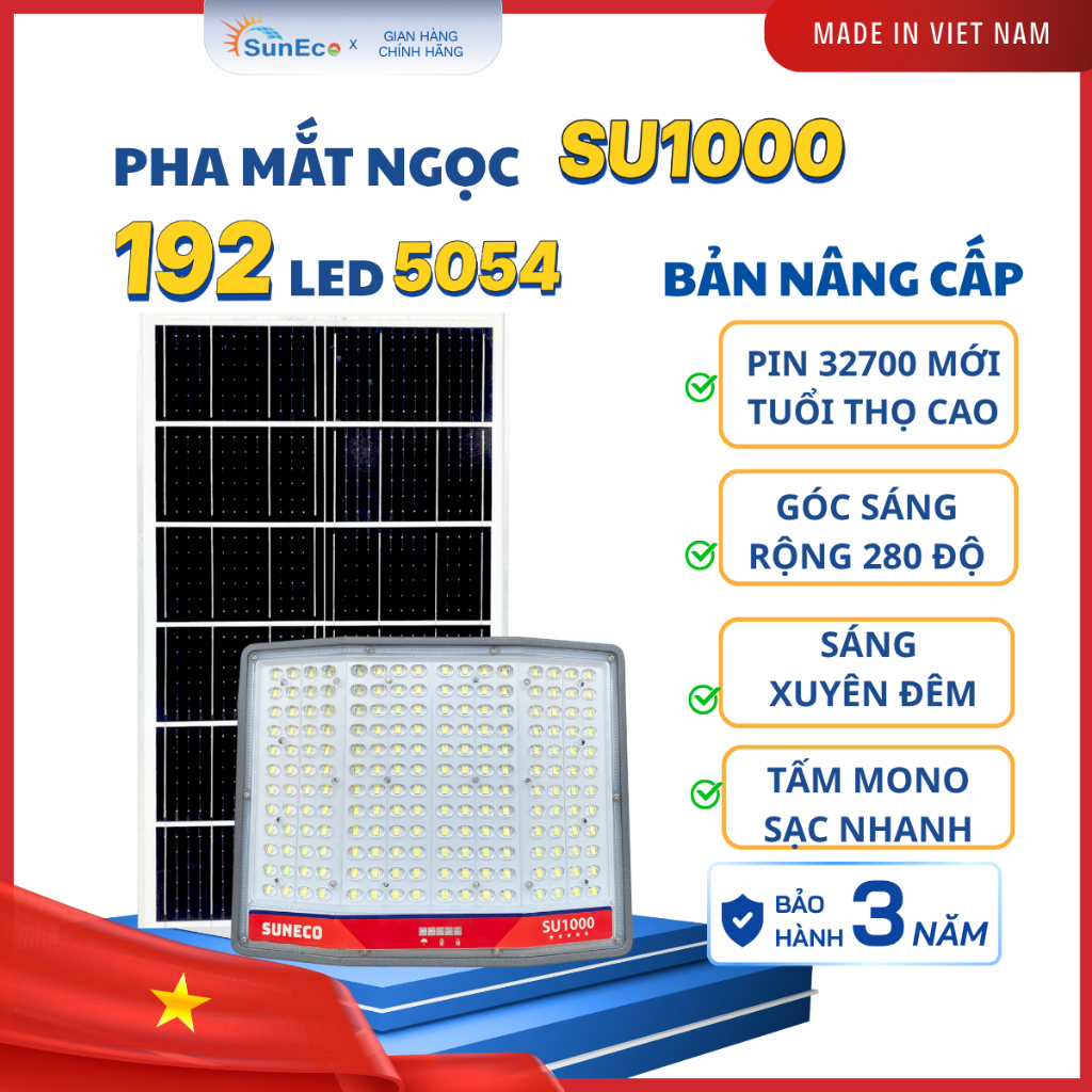 (PIN 32700 MỚI) Đèn Năng Lượng Mắt Ngọc SUNECO SU1000 Chống Chói 192 Led 5054, Tấm Pin Mono, BH 3 Năm