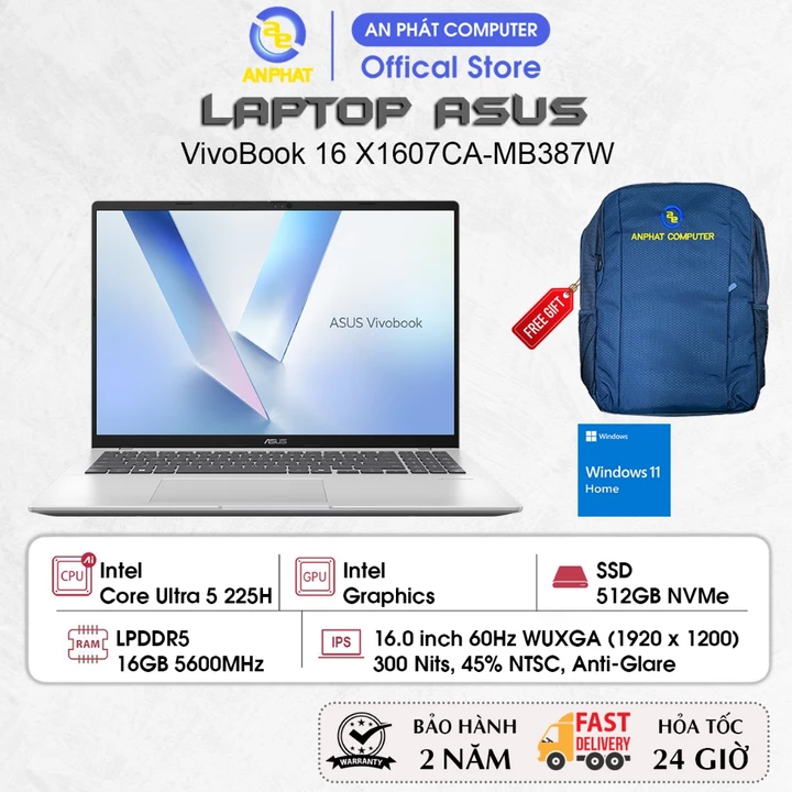 Laptop ASUS VivoBook 16 X1607CA-MB387W, Core Ultra 5 225H, 16GB RAM, 512GB SSD, 16.0 FHD+ IPS, Win11