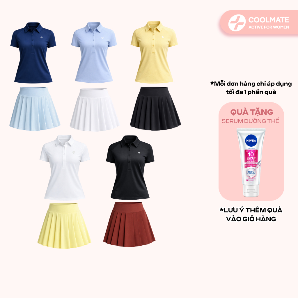 [TẶNG SERUM] Set Đồ Thể thao Coolmate nữ tập Pickleball Cầu lông Tennis Áo polo & Chân váy xếp ly bản to