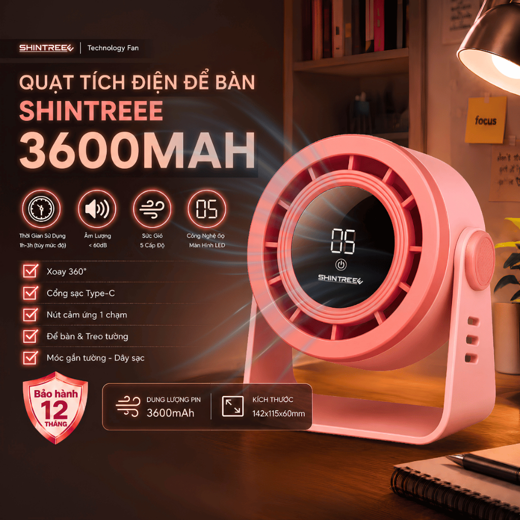 [TẶNG QUÀ] Quạt Để Bàn Mini SHINTREEE 3600mAh 5 Mức Độ Gió Màn Hình Số Bảo Hành 12 Tháng