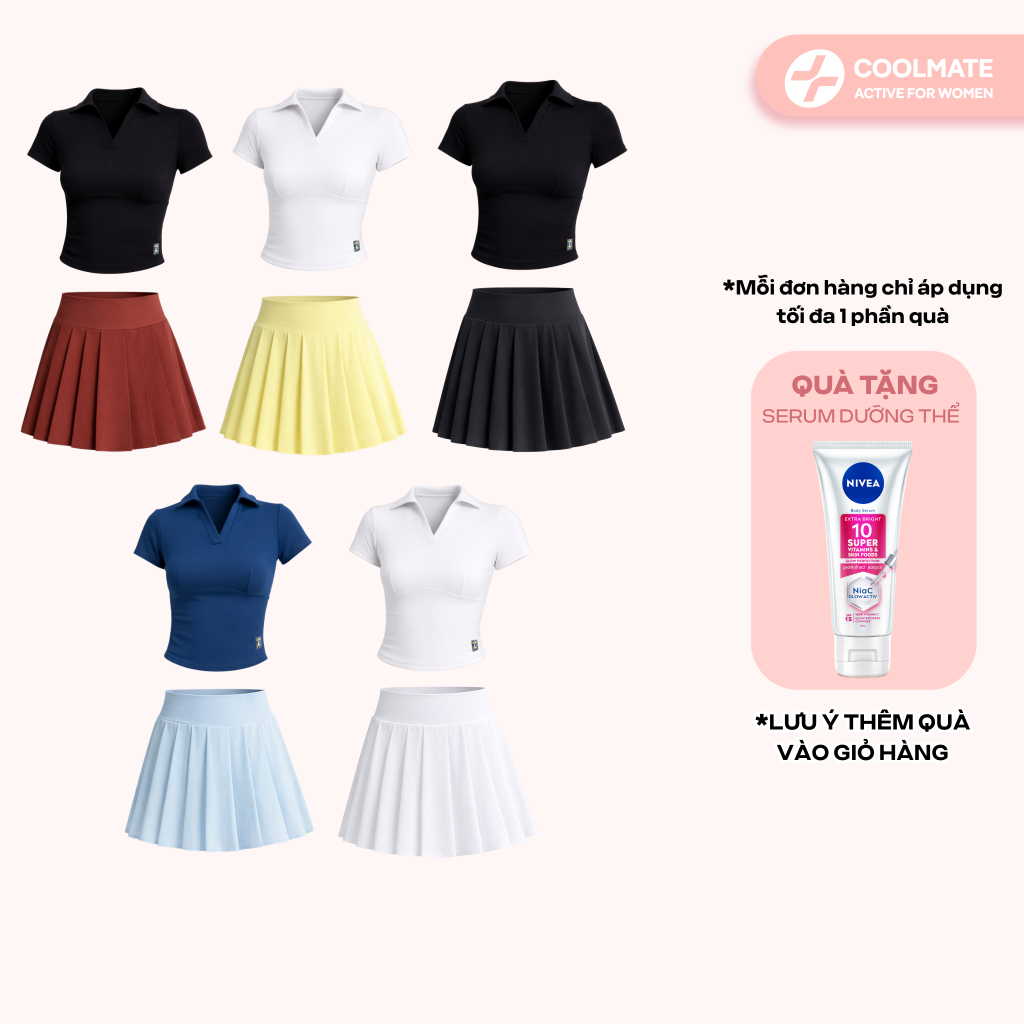 [TẶNG SERUM] Set Đồ Thể thao Coolmate nữ tập Pickleball cầu lông tennis Áo croptop polo & Chân váy xếp ly bản to