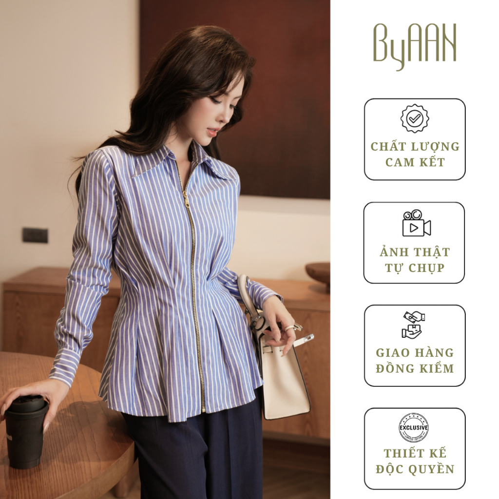 Áo Sơ Mi Thô Cotton Tay Dài  Phom Xòe Phối Khóa Đồng - ByAAN A165