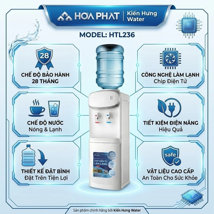 Cây nước nóng lạnh Hòa phát HTL236. 2 chế độ nóng lạnh, làm lạnh bằng chíp điện tử. Bảo hành 28 tháng tại nhà