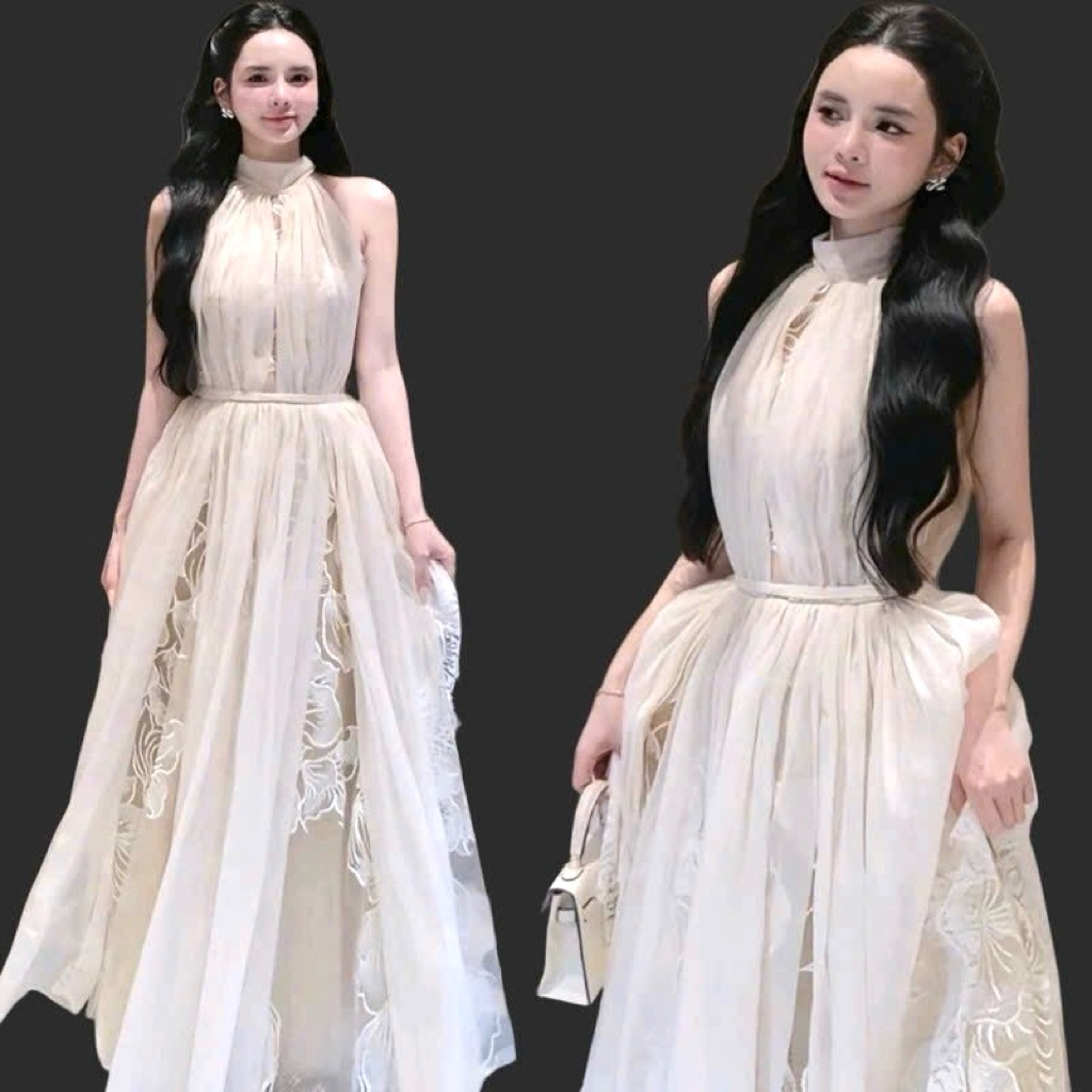 Đầm Maxi Ren Hoa To Cổ Yếm Cao Cấp