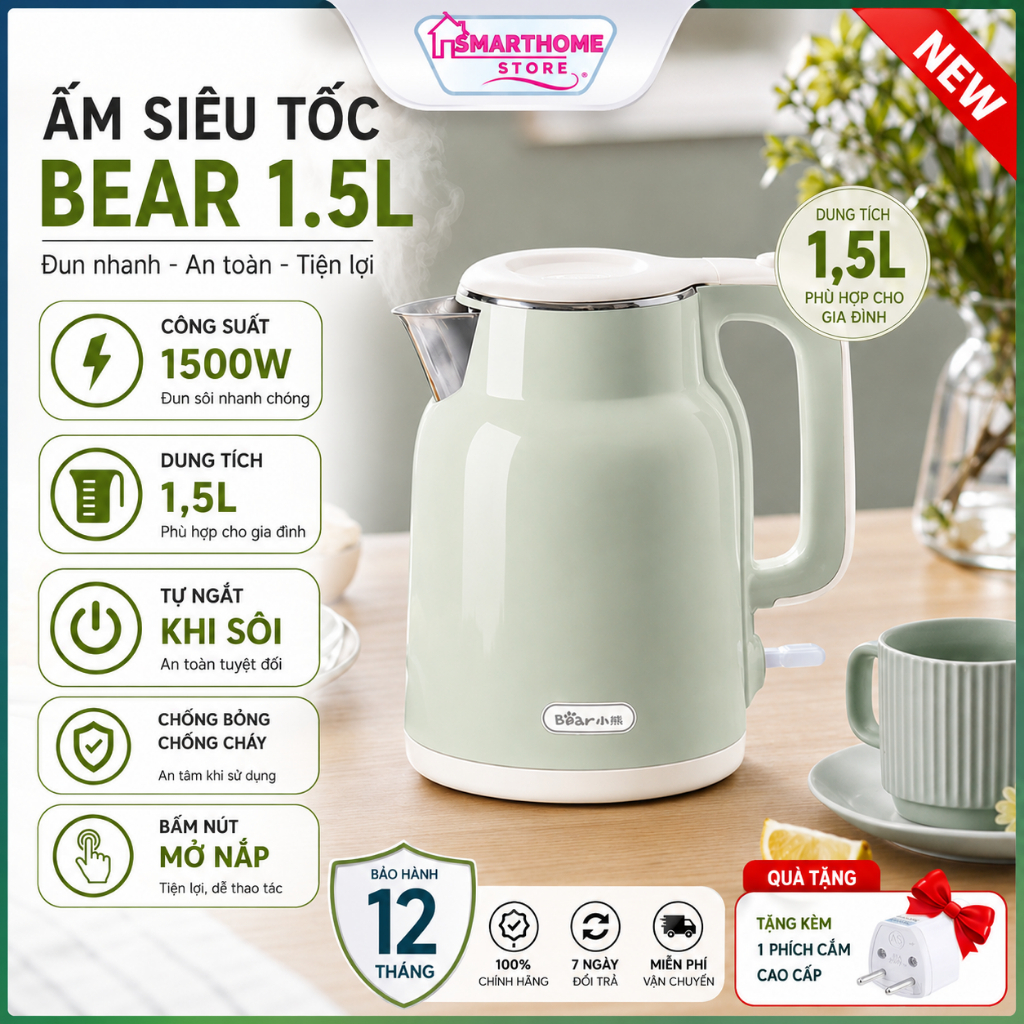 Ấm Siêu Tốc Chống Bỏng Bear 1.5L Công Suất 1500W Sôi Siêu Nhanh Siêu An Toàn